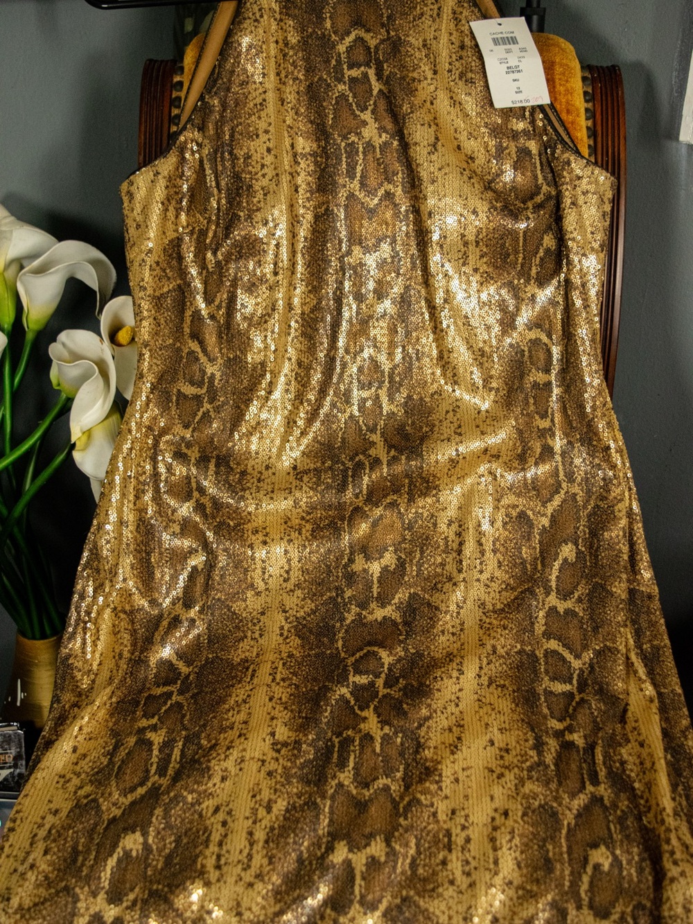 NWT Caché Gold Sequin Snake Print Halter Dress Size 12